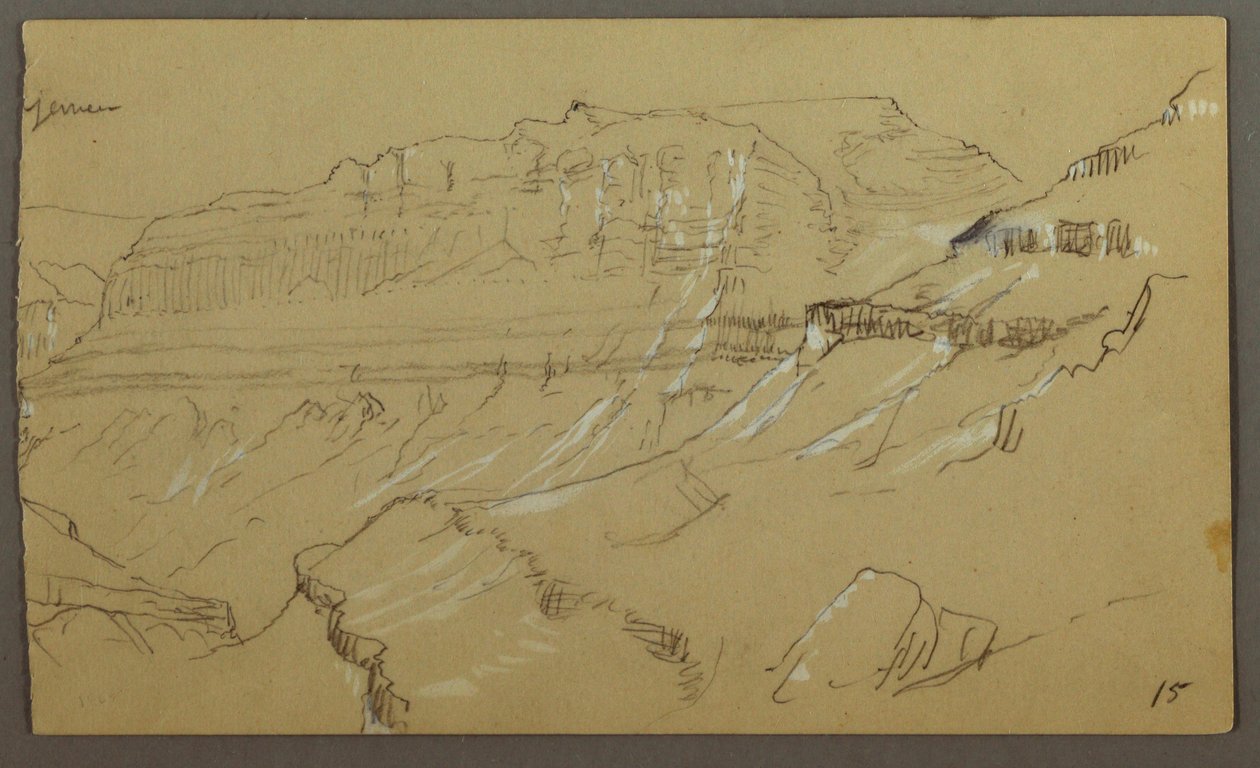 Rysunek, prawa część szkicu doliny El Yemen, Arabia: Odległy widok, 20 lutego 1868 r. autorstwa Frederic Edwin Church