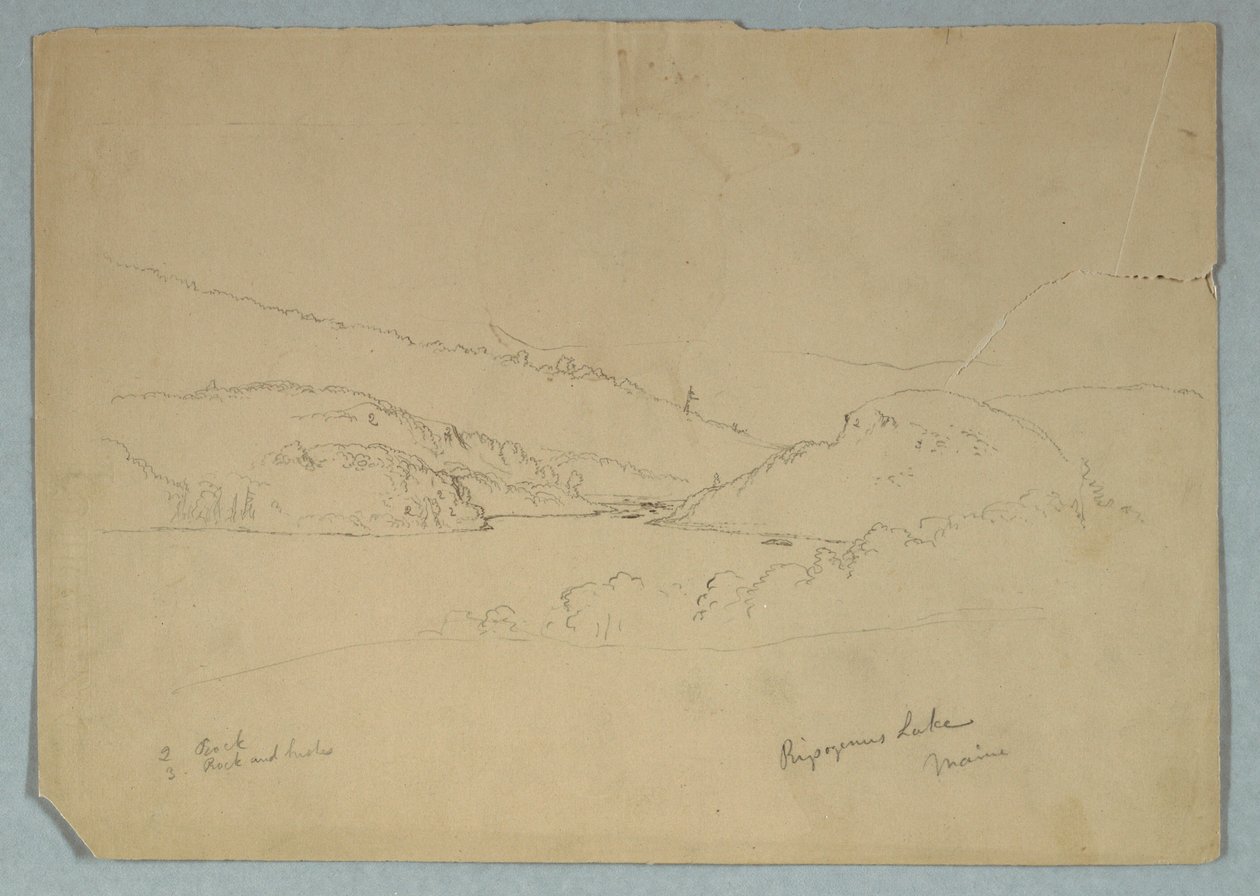 Rysunek, jezioro Ripogenus, ok. 1855 r. autorstwa Frederic Edwin Church
