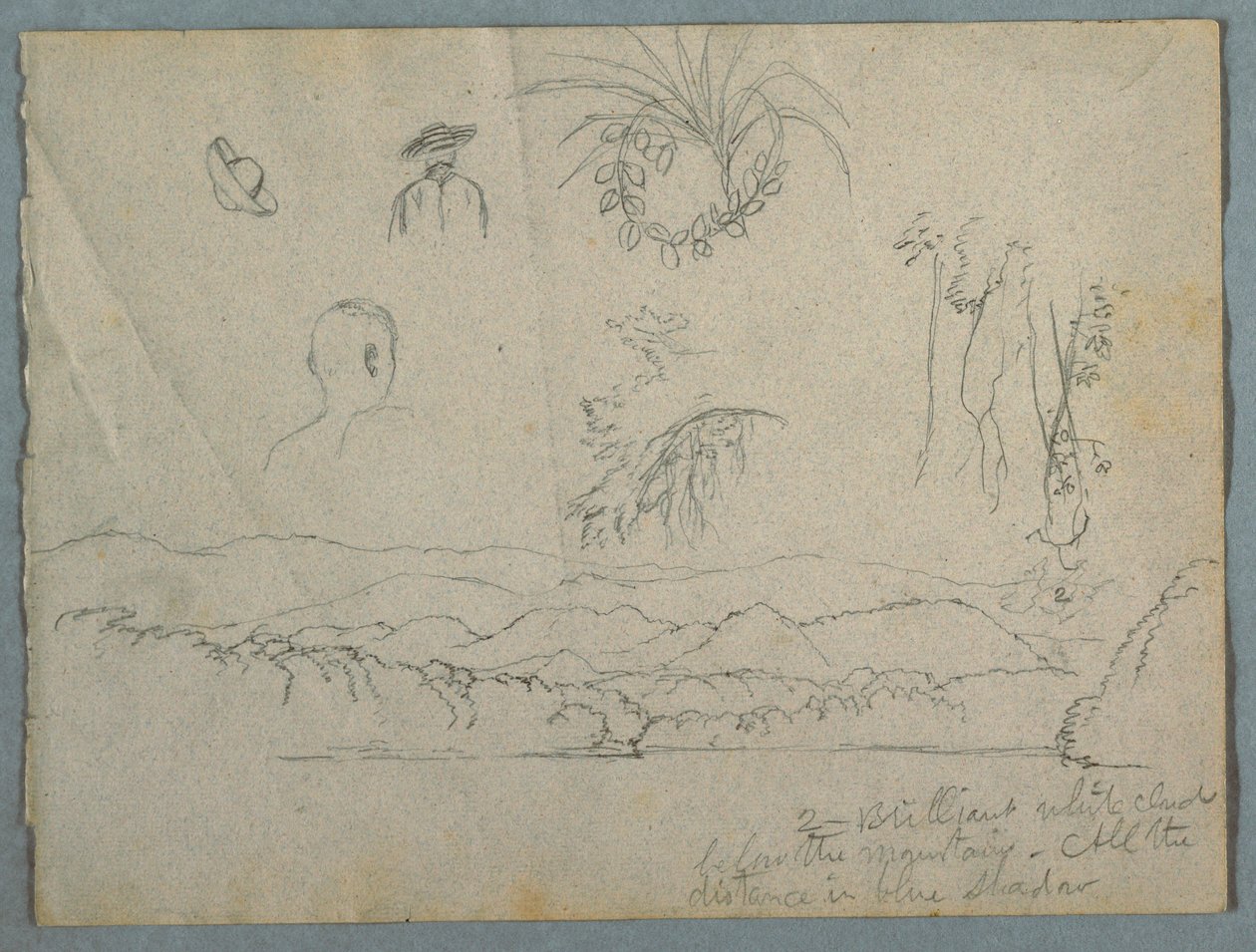 Rysunek, brzeg rzeki z górami i chmurami, trzy szkice botaniczne i studia popiersi mężczyzn w kapeluszach, 1853 r. autorstwa Frederic Edwin Church