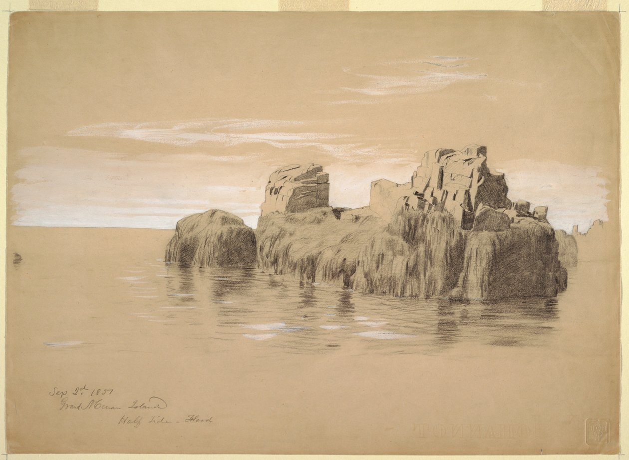 Rysunek, Skały na wybrzeżu, wyspa Grand Manan, Kanada, 2 września 1851 r. autorstwa Frederic Edwin Church