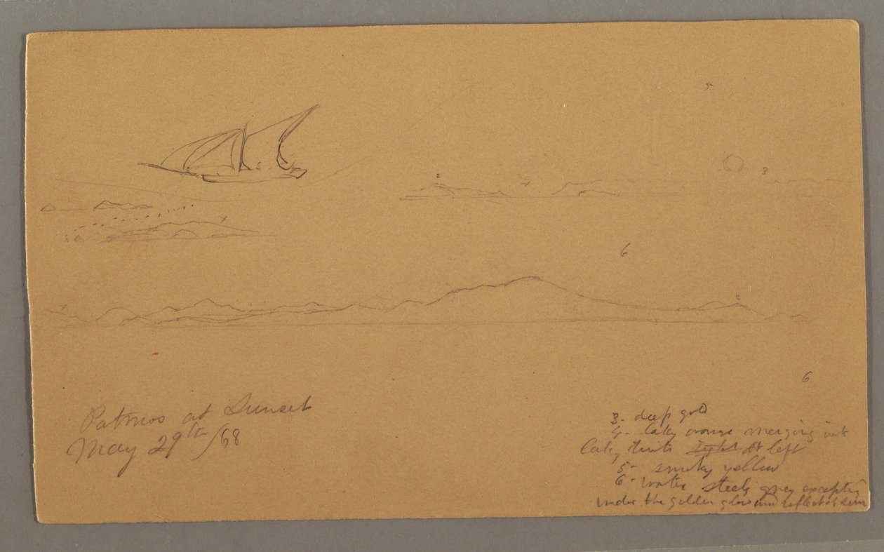 Rysunek, żaglowiec, górzyste wybrzeże, wyspy, 29 maja 1868 r. autorstwa Frederic Edwin Church