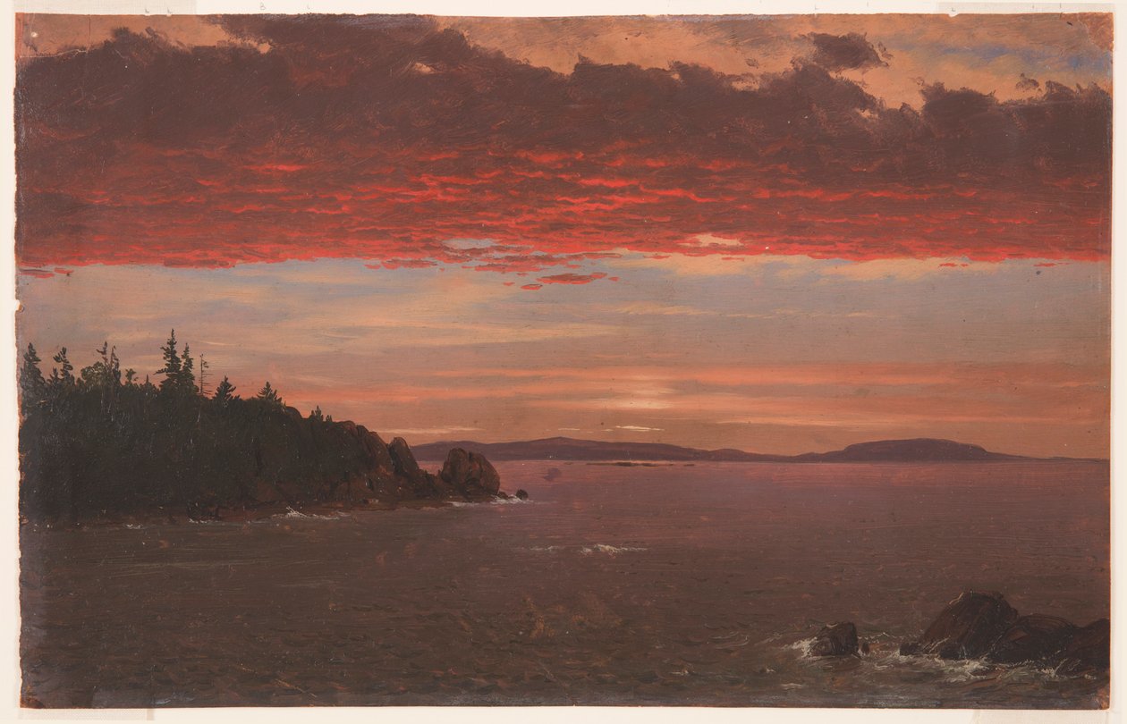 Rysunek Półwysep Schoodic z góry Desert o wschodzie słońca, 1850-55 autorstwa Frederic Edwin Church