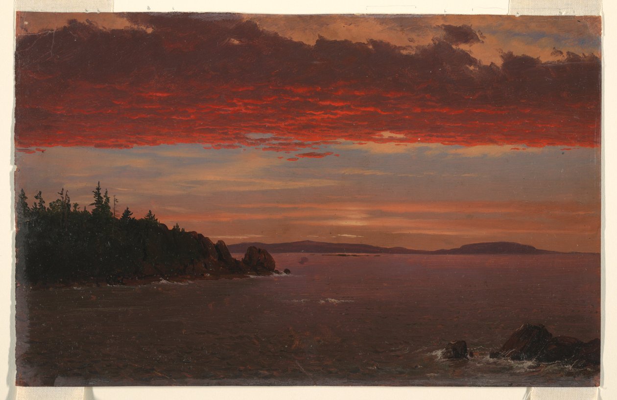 Rysunek Półwysep Schoodic z góry Desert o wschodzie słońca, 1850-55 autorstwa Frederic Edwin Church