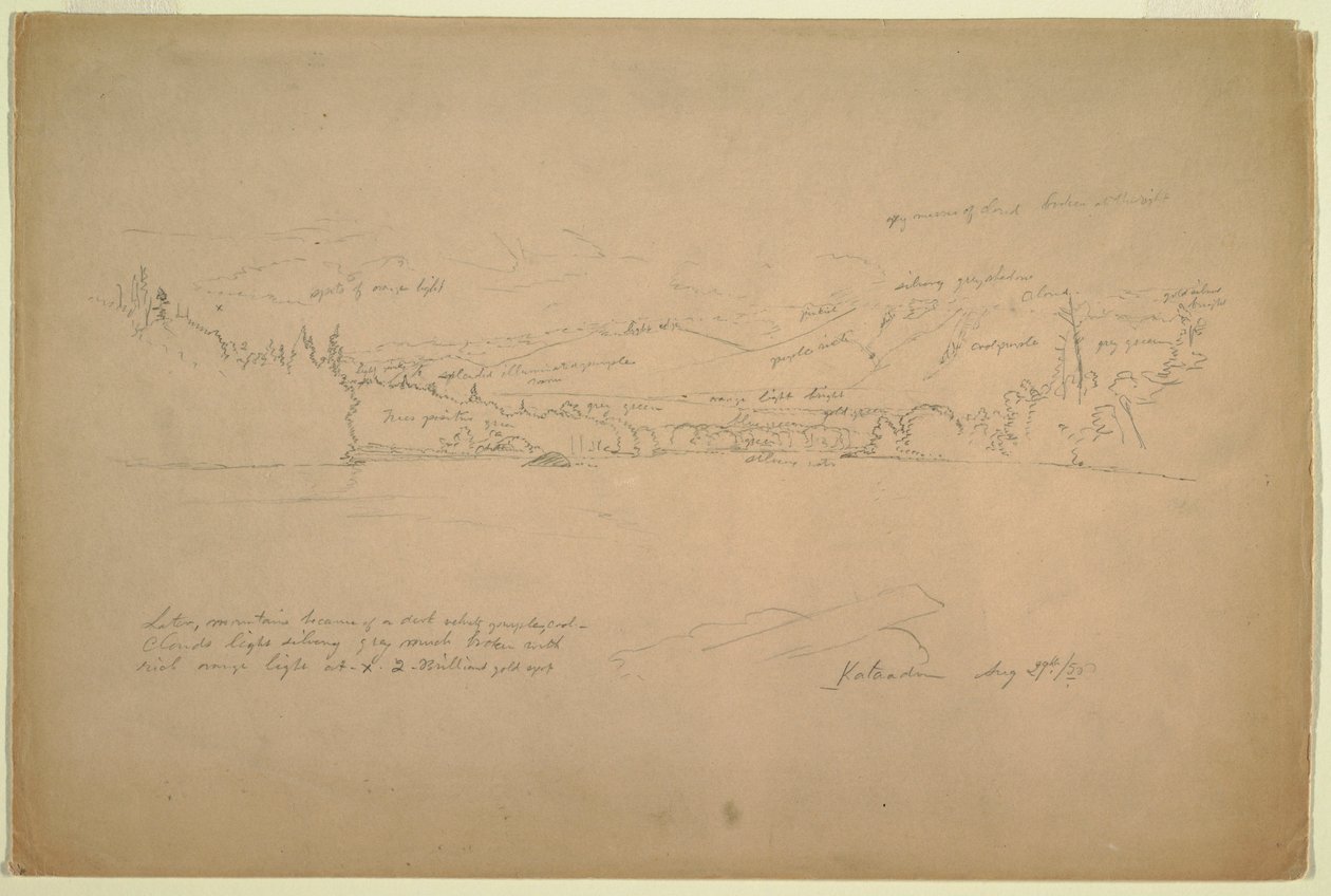 Rysunek, brzeg jeziora i podnóże góry Katahdin, 29 sierpnia 1856 r. autorstwa Frederic Edwin Church