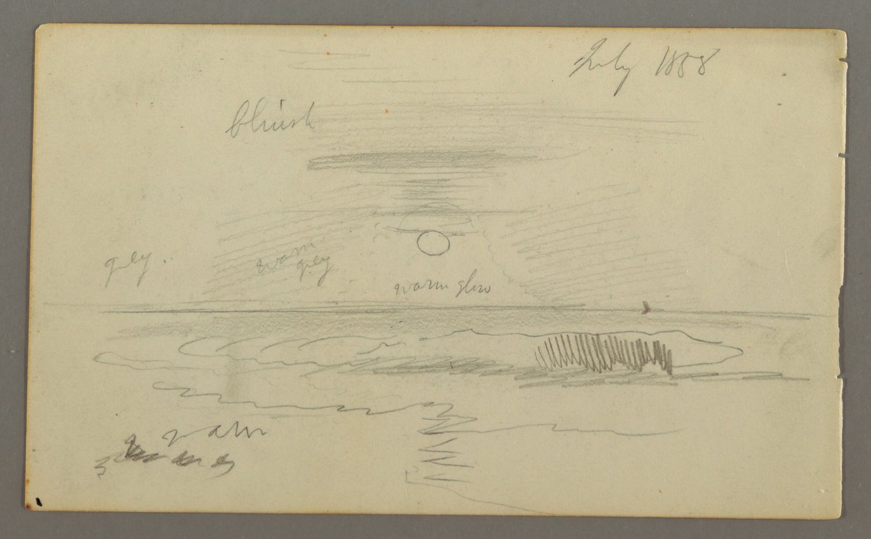 Rysunek, Niebo ze słońcem nisko nad wodą, lipiec 1858 r. autorstwa Frederic Edwin Church