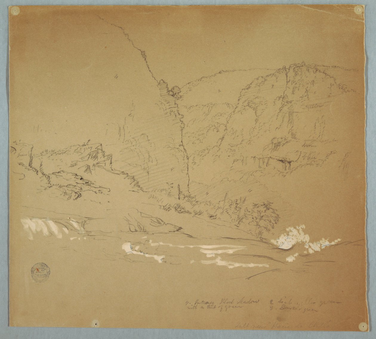 Rysunek, strumień prowadzący do krawędzi wodospadu w pobliżu Hacienda Chillo, Ekwador, 26 czerwca 1857 r. autorstwa Frederic Edwin Church