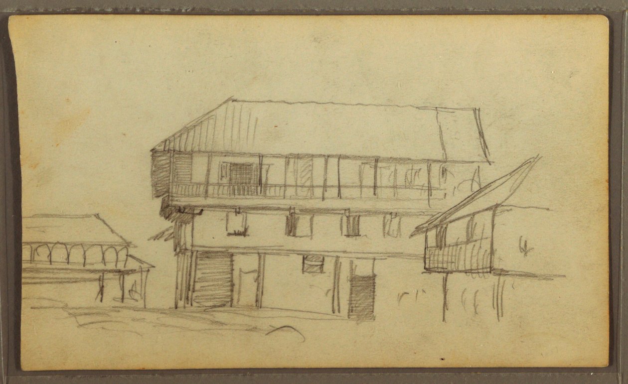 Rysunek, róg ulicy w Guaquil, Ekwador; Verso: Szkice botaniczne, dom, Ekwador lub Kolumbia, 1857 r. autorstwa Frederic Edwin Church