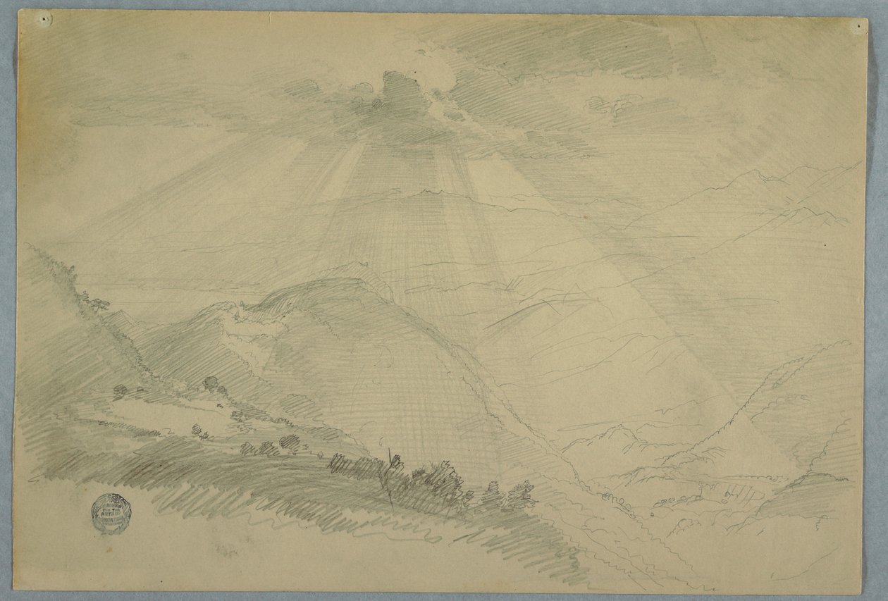 Rysunek, Słońce przebijające się przez chmury nad górską doliną, Jamajka, lipiec 1865 r. autorstwa Frederic Edwin Church