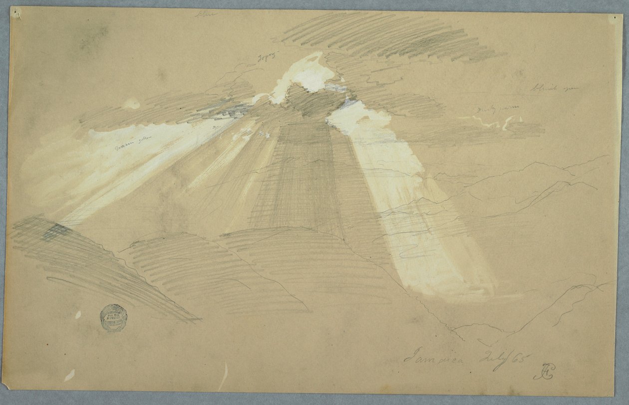 Rysunek, Słońce przebijające się przez chmury, Jamajka, lipiec 1865 r. autorstwa Frederic Edwin Church