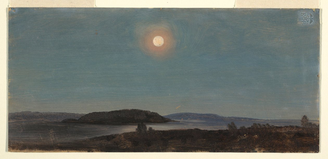 Rysunek, Słońce lub księżyc wschodzące nad Porcupine Islands, Bar Harbor, ok. 1860 r. autorstwa Frederic Edwin Church