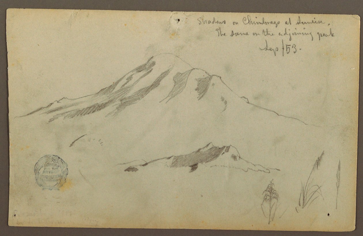 Rysunek, Wschód słońca na górze Chimborazo i trzy szczegóły trawy, wrzesień 1853 r. autorstwa Frederic Edwin Church