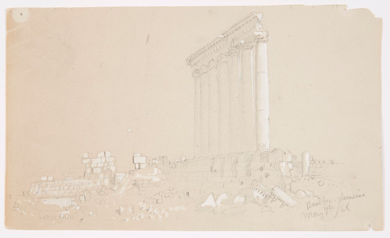 Rysunek, Świątynia Jowisza o wschodzie słońca, Baalbek, 7 maja 1868 r. autorstwa Frederic Edwin Church