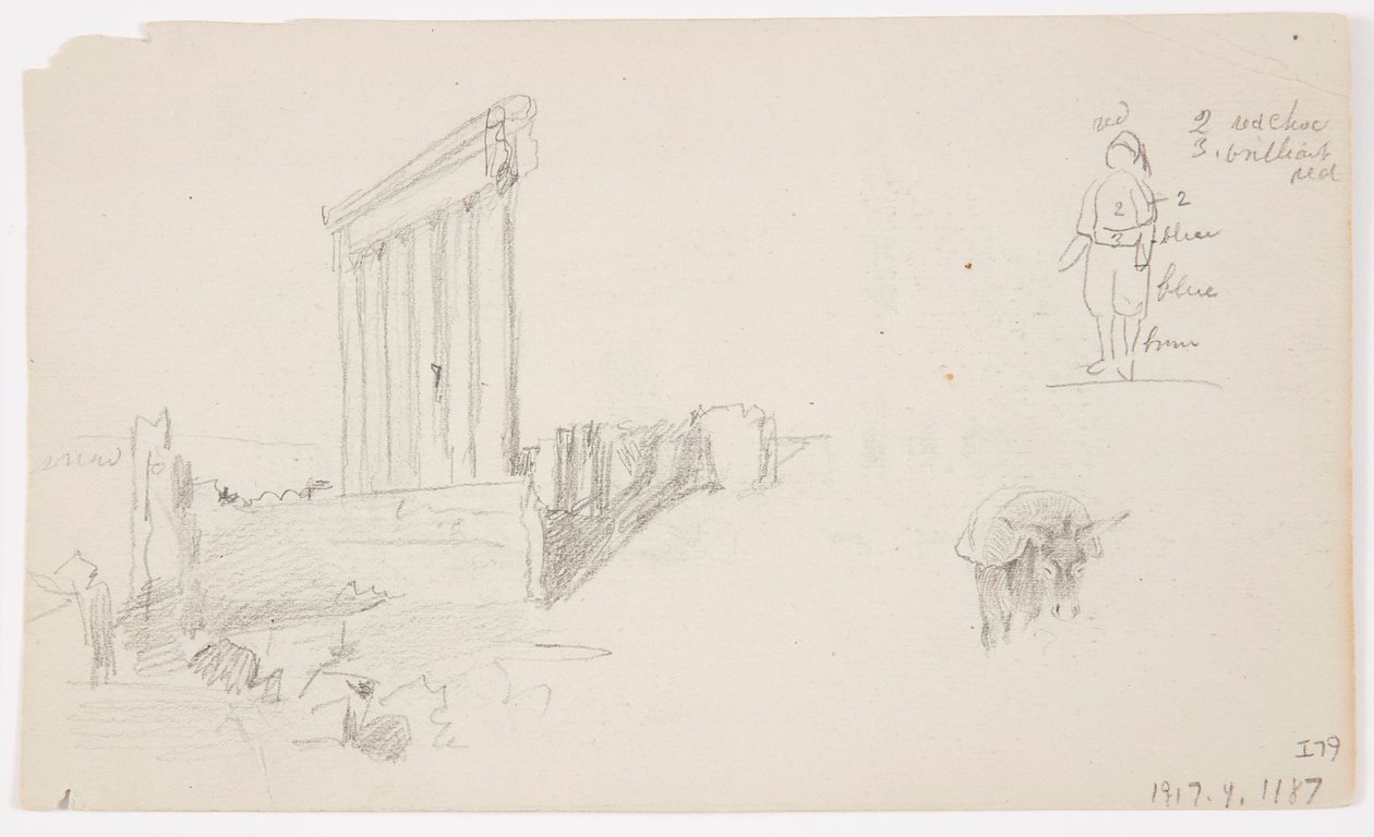 Rysunek, Świątynia Jowisza o wschodzie słońca, Baalbek, 7 maja 1868 r. autorstwa Frederic Edwin Church