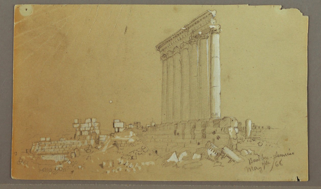 Rysunek, Świątynia Jowisza o wschodzie słońca, Baalbek, 7 maja 1868 r. autorstwa Frederic Edwin Church