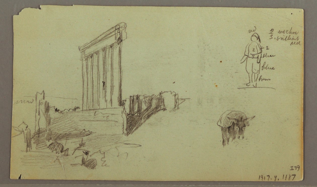 Rysunek, Świątynia Jowisza o wschodzie słońca, Baalbek, 7 maja 1868 r. autorstwa Frederic Edwin Church