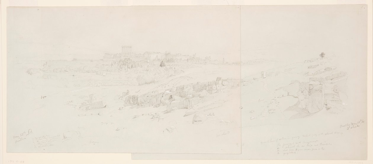 Rysunek, Świątynie o poranku, Baalbek, 12 maja 1868 r. autorstwa Frederic Edwin Church