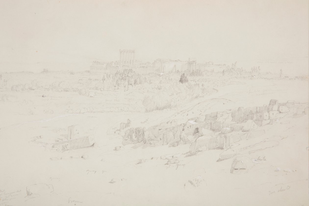 Rysunek, Świątynie o poranku, Baalbek, 12 maja 1868 r. autorstwa Frederic Edwin Church