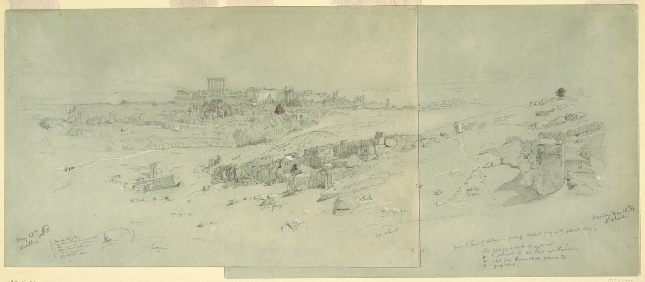 Rysunek, Świątynie o poranku, Baalbek, 12 maja 1868 r. autorstwa Frederic Edwin Church