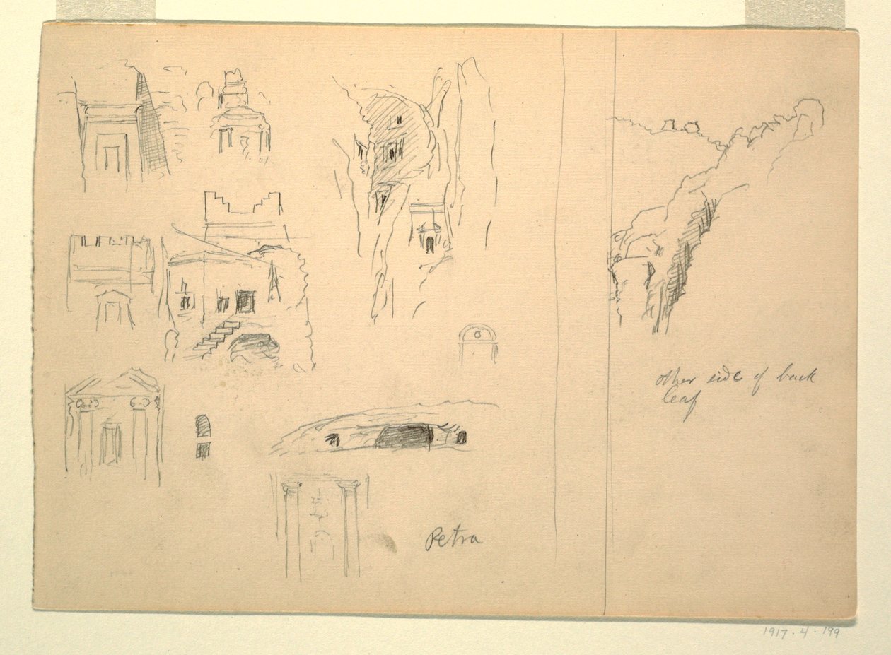 Rysunek, Dziesięć studiów grobowców i widok skał, Petra, Jordania, 26 lutego 1868 r. autorstwa Frederic Edwin Church