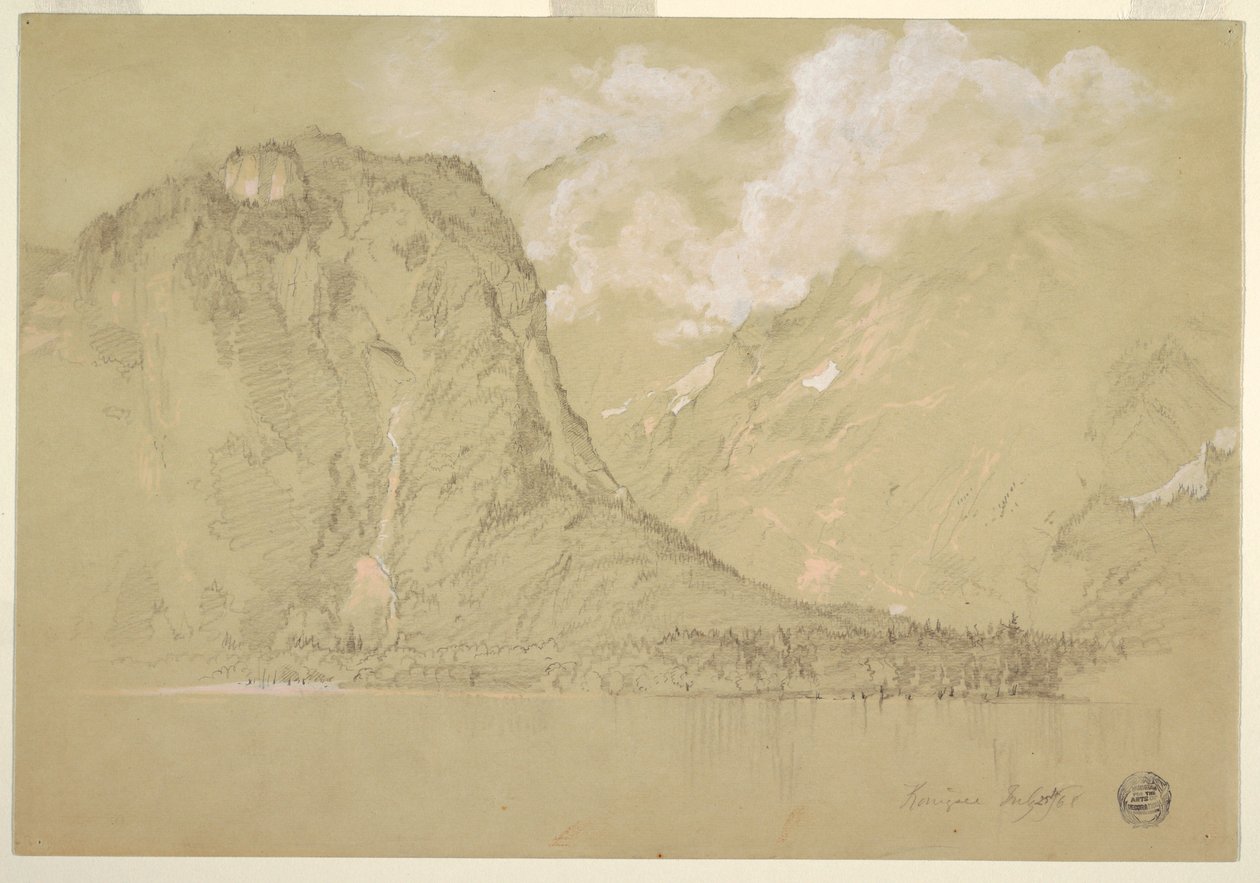 Rysunek, jezioro Königssee i wodospad Schrainbach, lipiec 1868 r. autorstwa Frederic Edwin Church