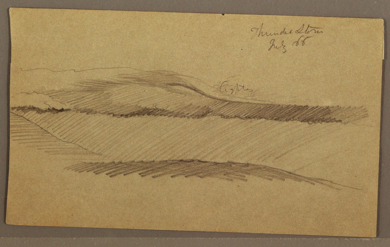 Rysunek, Burza z piorunami nad grzbietem, lipiec 1866 r. autorstwa Frederic Edwin Church
