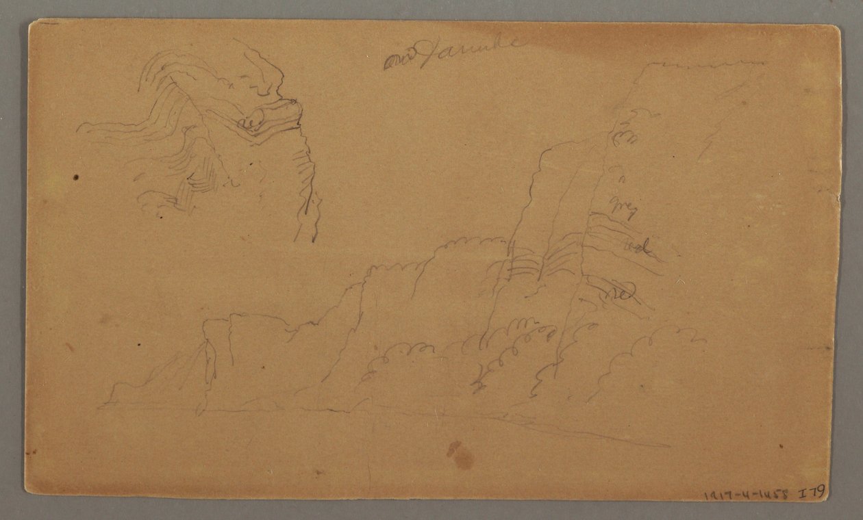 Rysunek, drewniany dom, dwie żaglówki, studium dachu, prawdopodobnie 1868 r. autorstwa Frederic Edwin Church