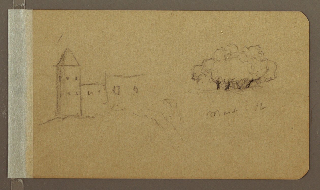 Rysunek, wieża, drzewa, marzec 1862 r. autorstwa Frederic Edwin Church