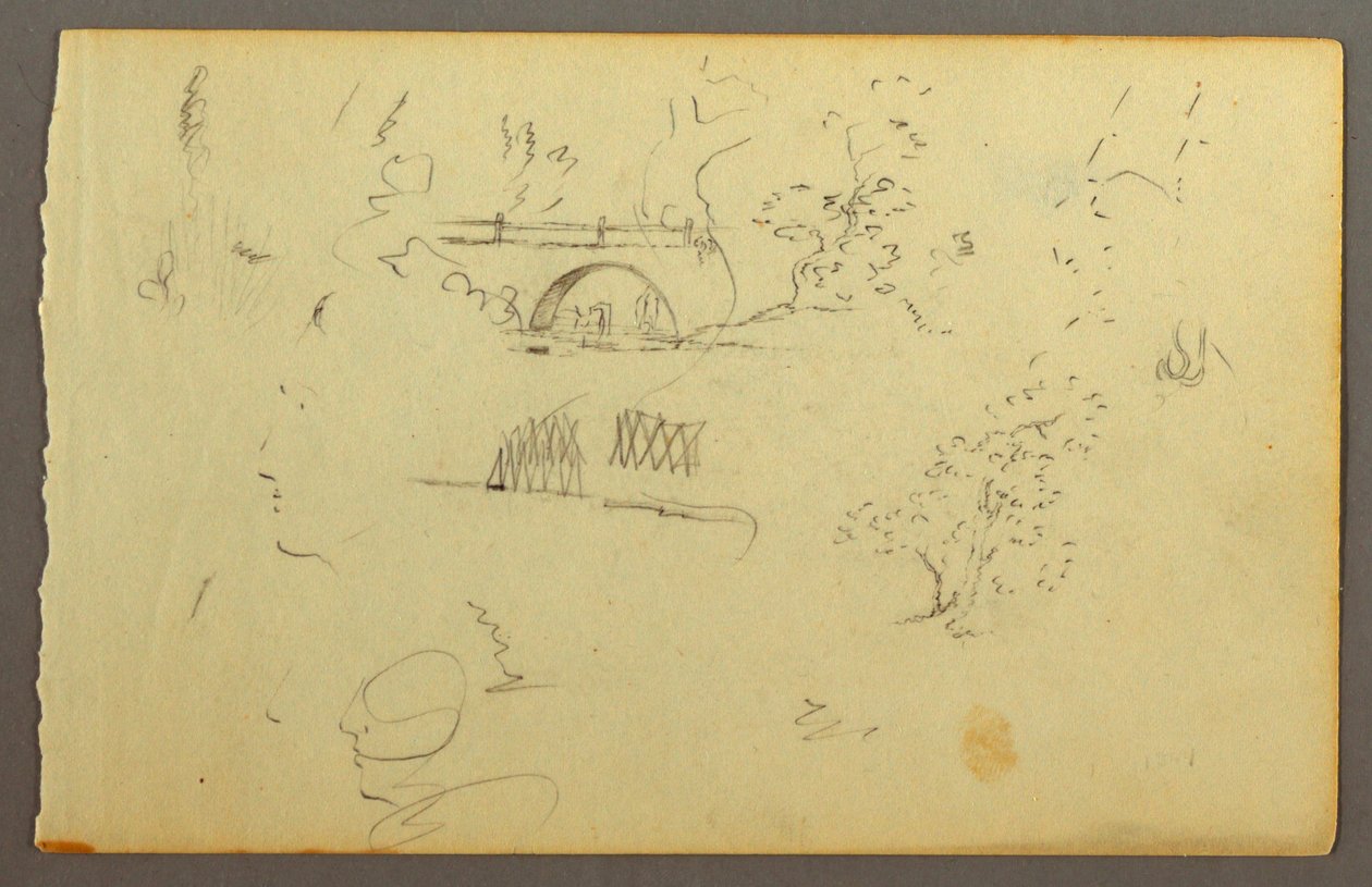 Rysunek, Drzewa, most, twarze z profilu, prawdopodobnie 1844 r. autorstwa Frederic Edwin Church