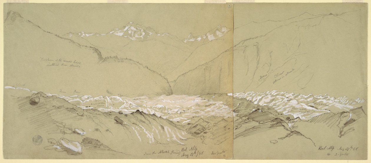 Rysunek, Górny lodowiec Aletsch z Wielkim Fusshornem, 1868 r. autorstwa Frederic Edwin Church