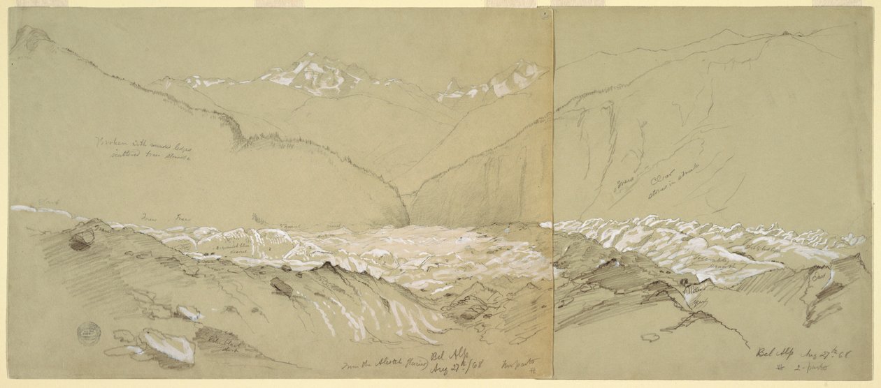 Rysunek, Górny lodowiec Aletsch z Wielkim Fusshornem, 1868 r. autorstwa Frederic Edwin Church