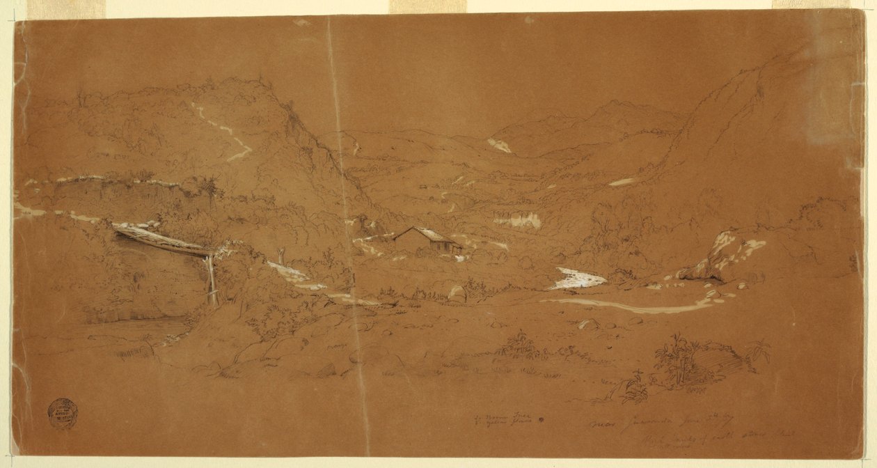 Rysunek przedstawiający dolinę z mostem i domami w pobliżu Guarandy, Ekwador, 5 czerwca 1857 r. autorstwa Frederic Edwin Church