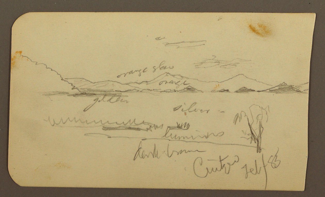 Rysunek, widok w pobliżu brzegu jeziora, Cuitzeo; Verso: widok w pobliżu brzegu jeziora, Cuitzeo, luty 1885 r. autorstwa Frederic Edwin Church