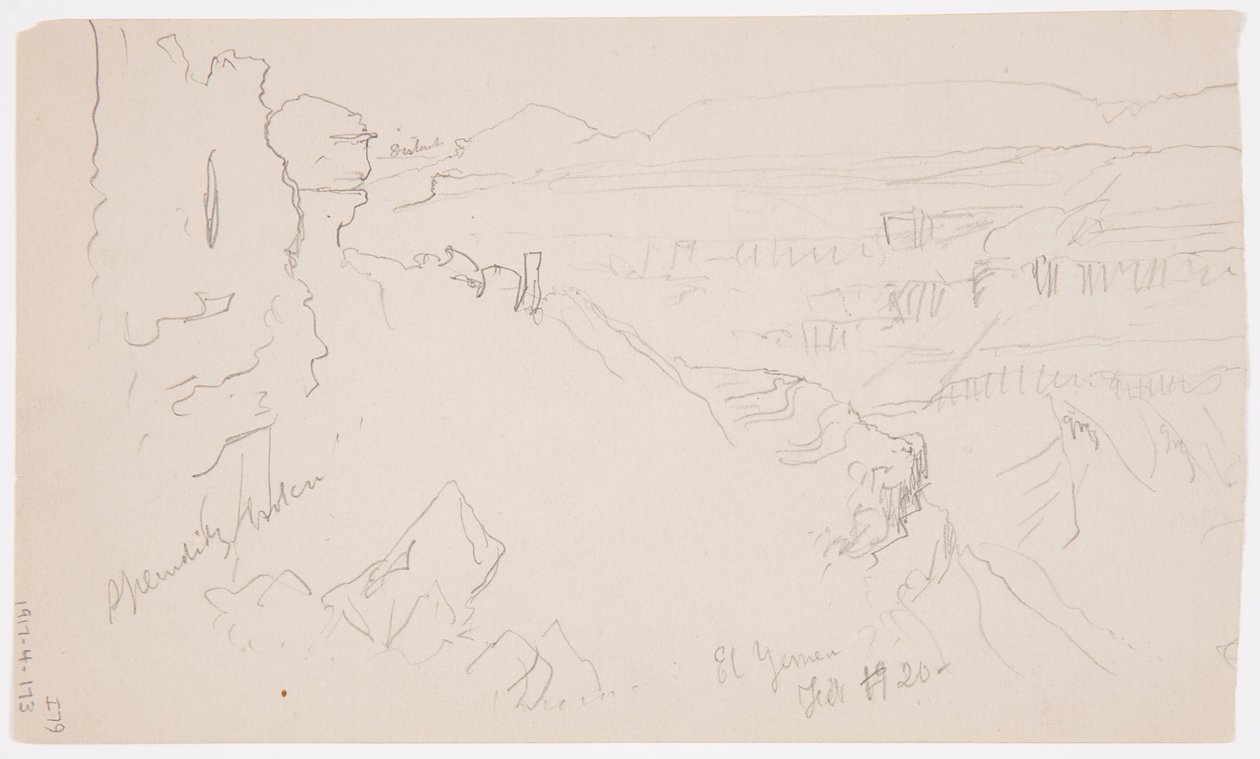 Rysunek, widok przez wzgórza i równinę w kierunku gór, dolina El Yemen, luty 1868 r. autorstwa Frederic Edwin Church