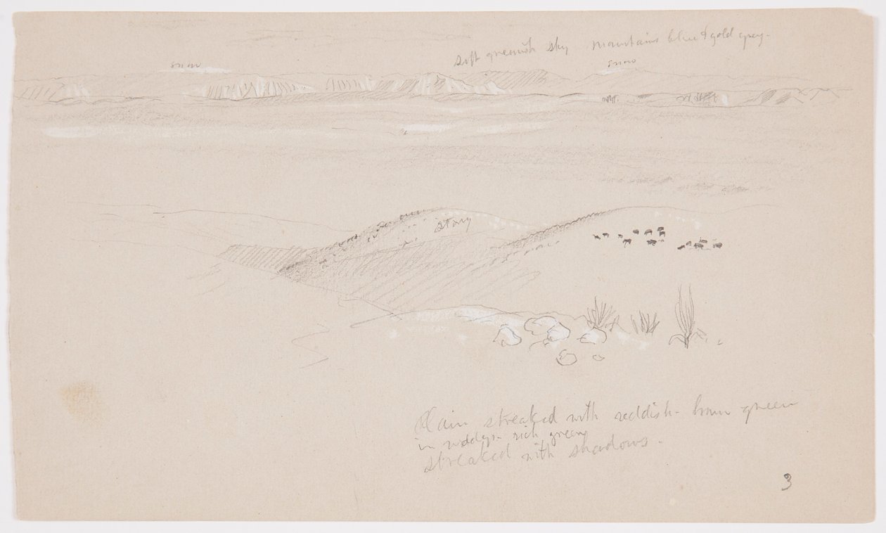 Rysunek, widok przez wzgórza i równinę w kierunku gór, dolina El Yemen, luty 1868 r. autorstwa Frederic Edwin Church