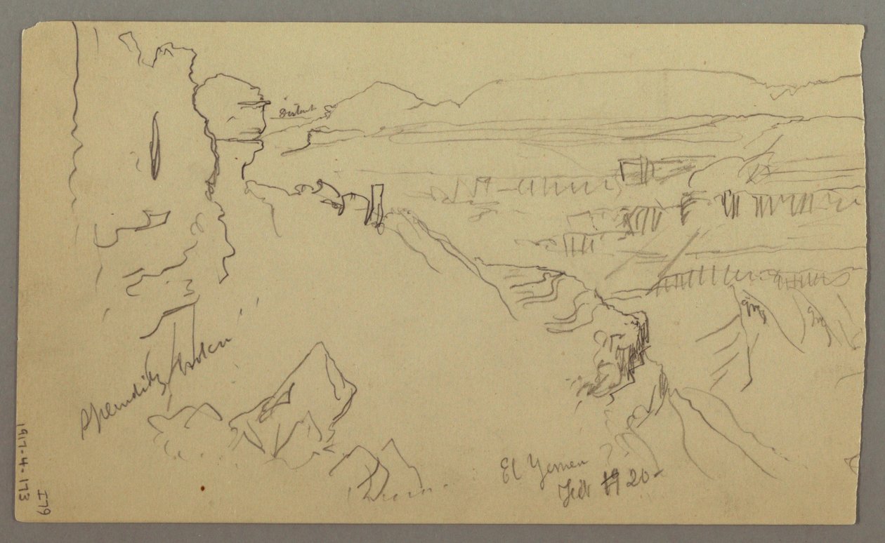 Rysunek, widok przez wzgórza i równinę w kierunku gór, dolina El Yemen, luty 1868 r. autorstwa Frederic Edwin Church