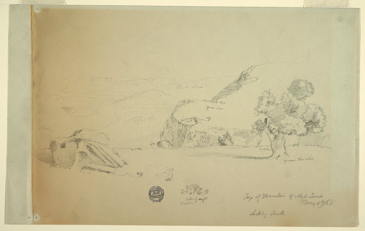 Rysunek, widok ze wzgórza na zachód od suk wadi, 4 maja 1868 r. autorstwa Frederic Edwin Church
