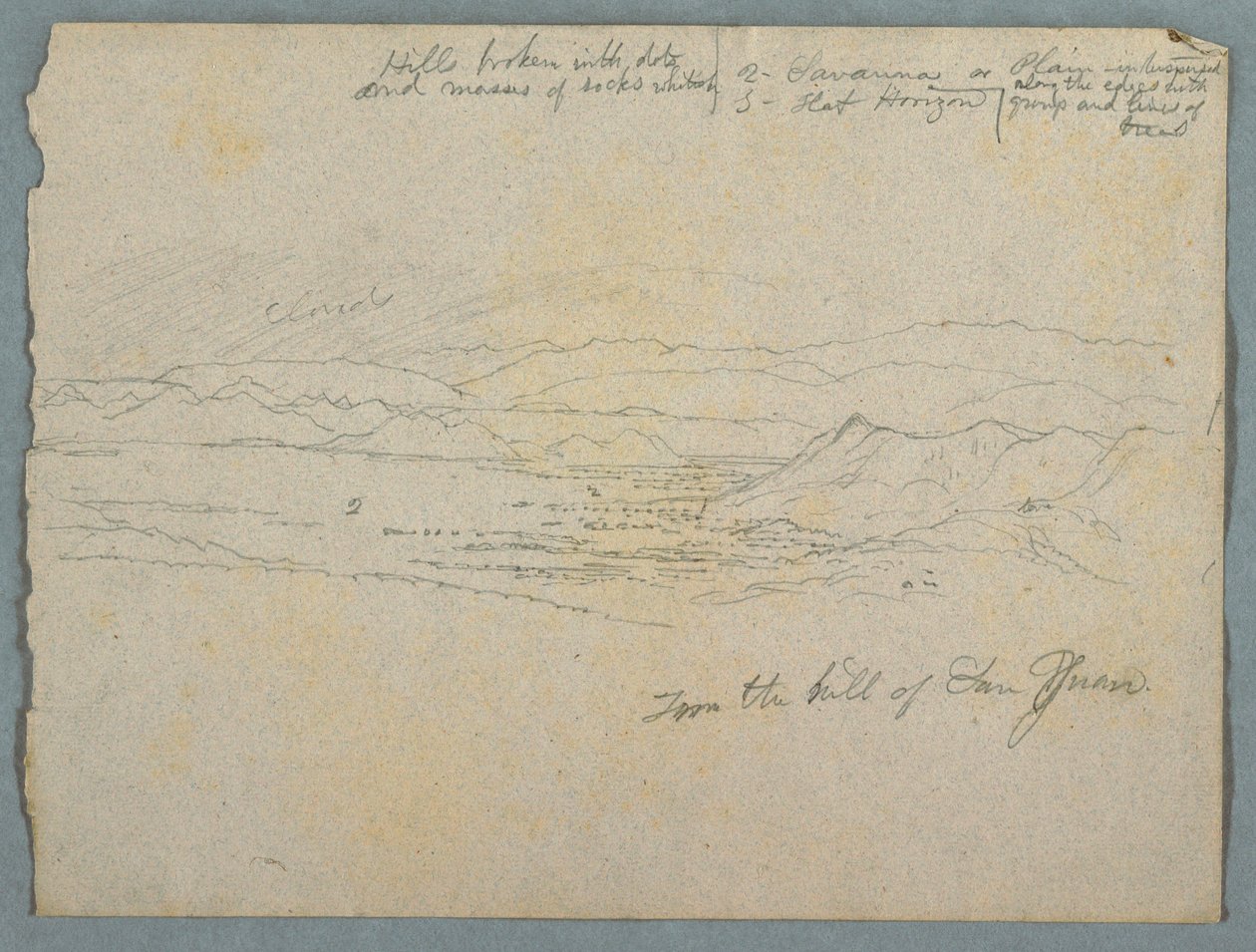 Rysunek, widok ze wzgórza San Juan, prawdopodobnie Kolumbia, 1853 r. autorstwa Frederic Edwin Church