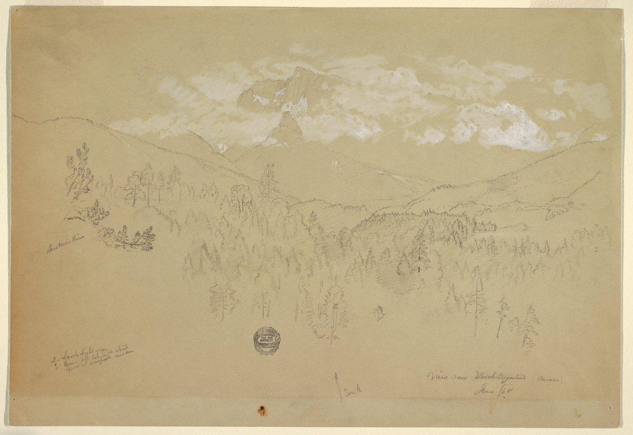 Rysunek, widok w pobliżu Berchtesgaden, Bawaria, czerwiec 1868 r. autorstwa Frederic Edwin Church
