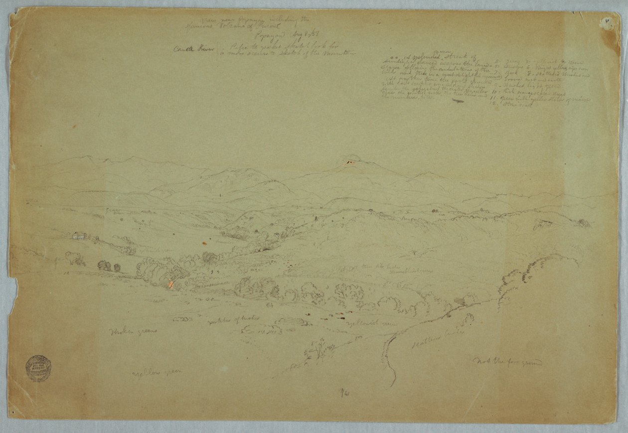 Rysunek, widok w pobliżu Popayan, w tym wulkan Mount Purese, rzeka Cauca, Kolumbia, 8 sierpnia 1853 r. autorstwa Frederic Edwin Church