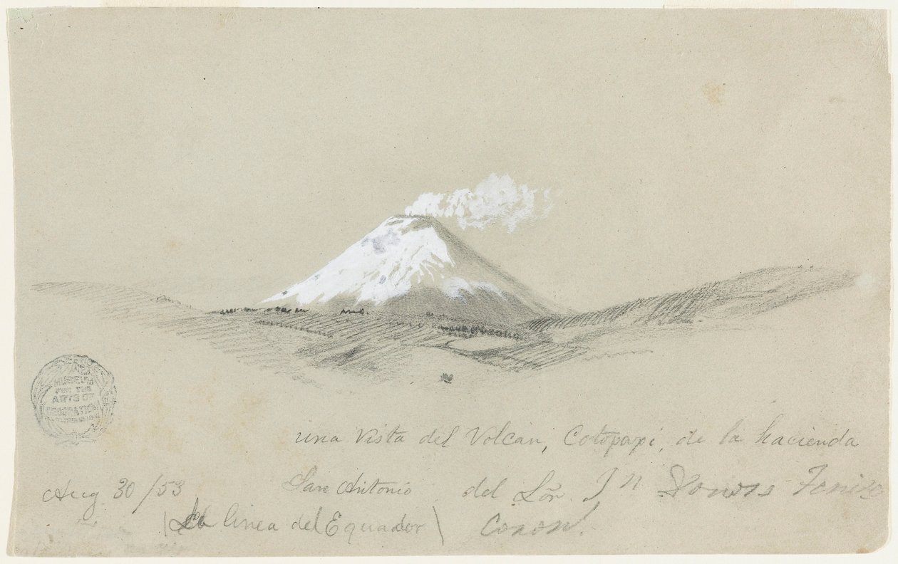 Rysunek, widok na Cotapaxi z hacjendy San Antonio, Ekwador, 30 sierpnia 1853 r. autorstwa Frederic Edwin Church