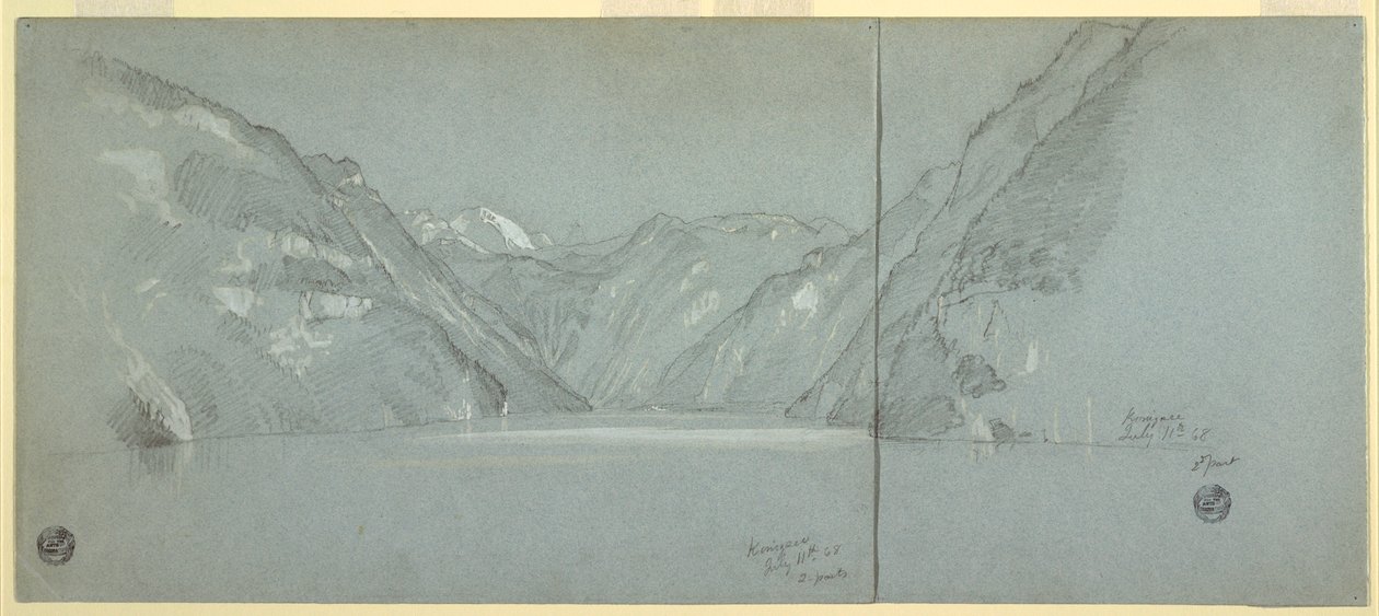 Rysunek, widok na jezioro Konigssee z Falkenstein, niedaleko Berchtesgaden, Bawaria, Niemcy, część 2, 11 lipca 1868 r. autorstwa Frederic Edwin Church
