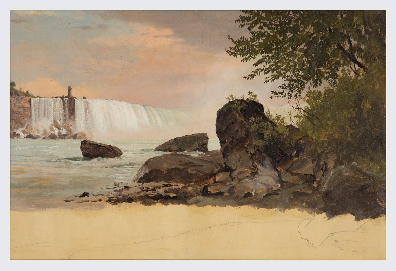 Rysunek, widok na wodospady kanadyjskie i Kozią Wyspę, wrzesień lub październik 1856 r. autorstwa Frederic Edwin Church