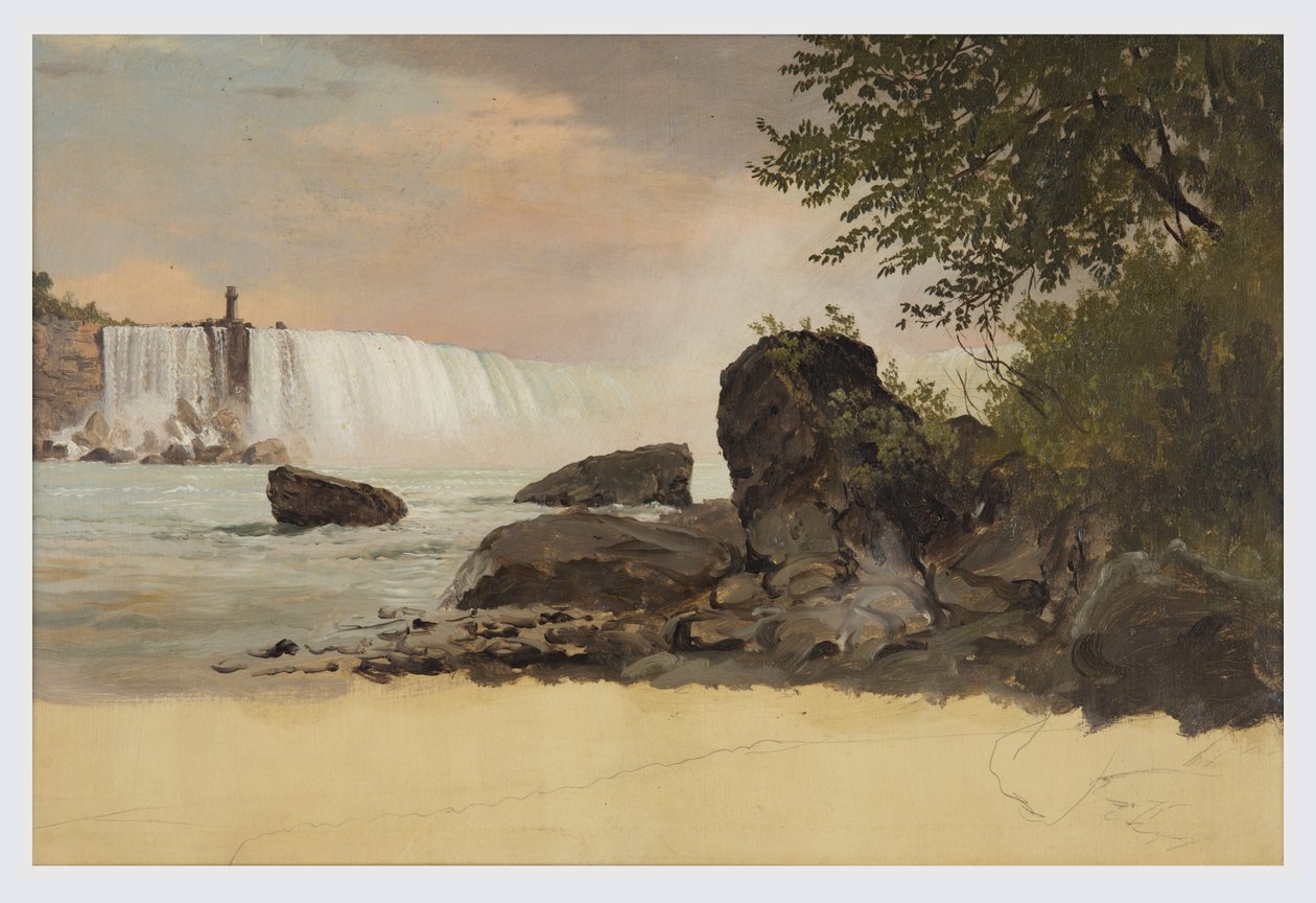 Rysunek, widok na wodospady kanadyjskie i Kozią Wyspę, wrzesień lub październik 1856 r. autorstwa Frederic Edwin Church
