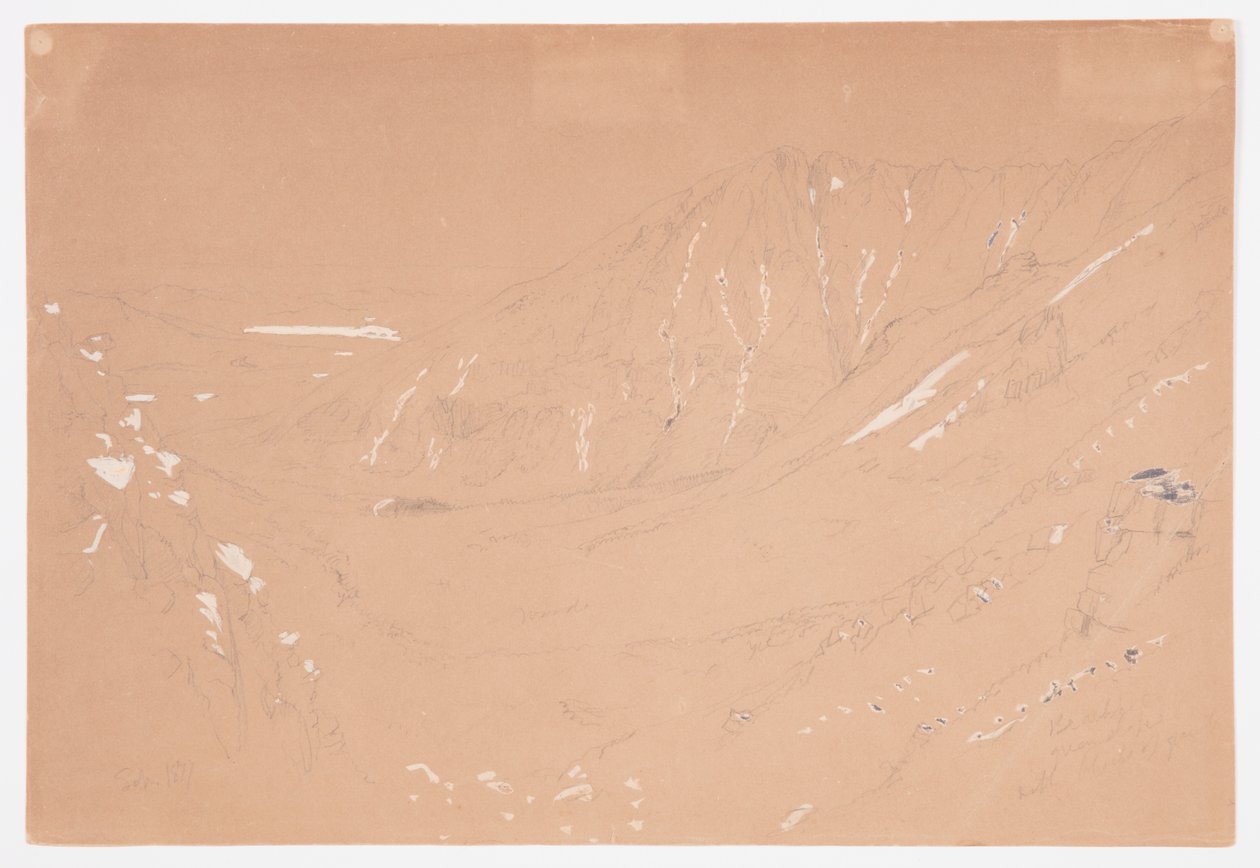 Rysunek, widok w kierunku Wielkiej Kotliny, góra Katahdin, wrzesień 1877 r. autorstwa Frederic Edwin Church