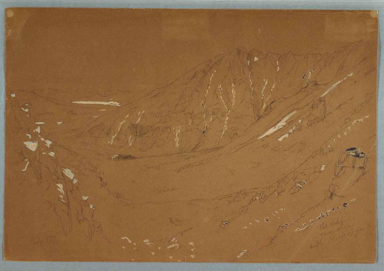 Rysunek, widok w kierunku Wielkiej Kotliny, góra Katahdin, wrzesień 1877 r. autorstwa Frederic Edwin Church