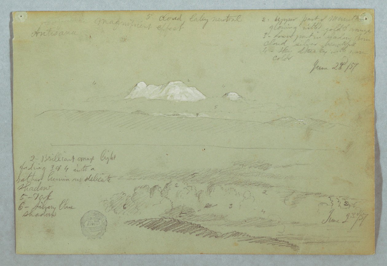 Rysunek, widok wulkanu Artisana z lub w pobliżu Quito i zachmurzone niebo nad grzbietem górskim, Ekwador, 23 czerwca 1857 r. autorstwa Frederic Edwin Church