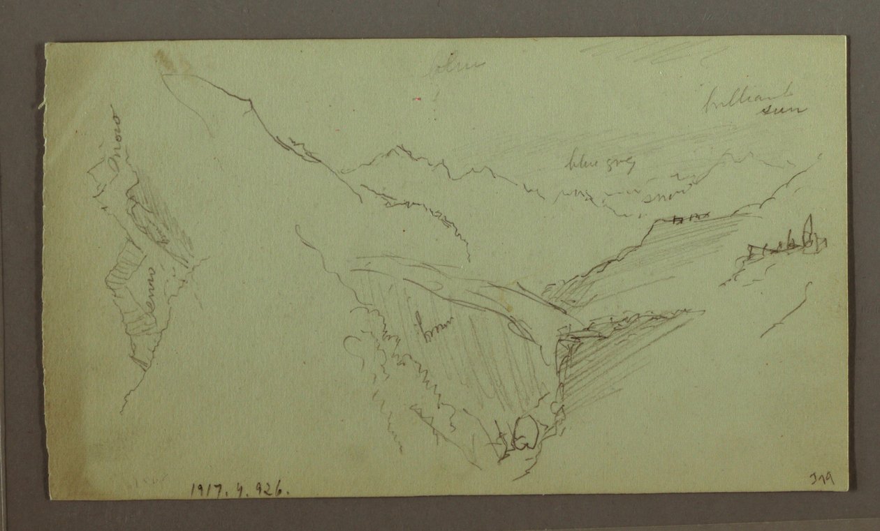 Rysunek, wioska i stroma dolina górska (Alpy), 1868-69 autorstwa Frederic Edwin Church