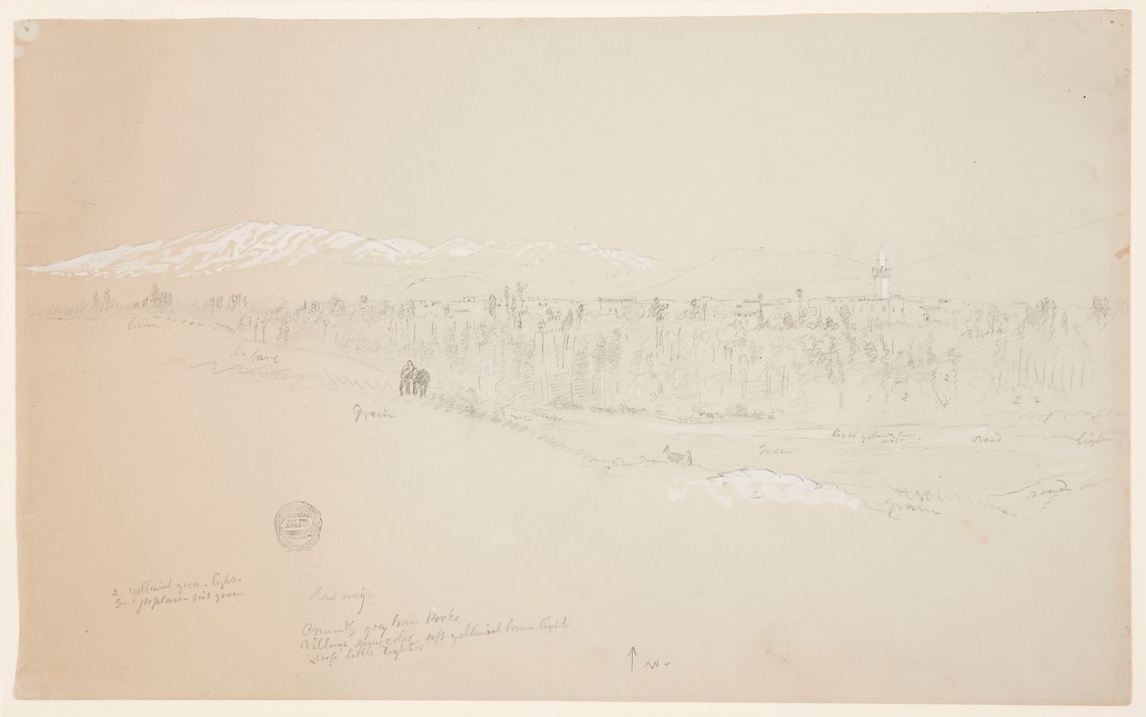 Rysunek, wioska Kuseiyeh, góra Liban w oddali, maj 1868 r. autorstwa Frederic Edwin Church