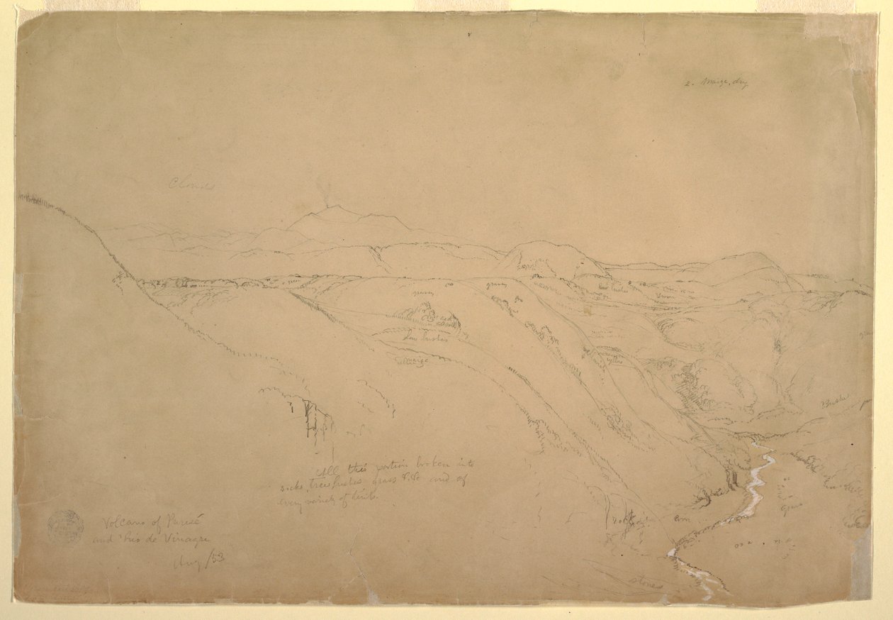 Rysunek, wulkan Puresé i Rio de Vinagre, Purese, Kolumbia, sierpień 1853 r. autorstwa Frederic Edwin Church