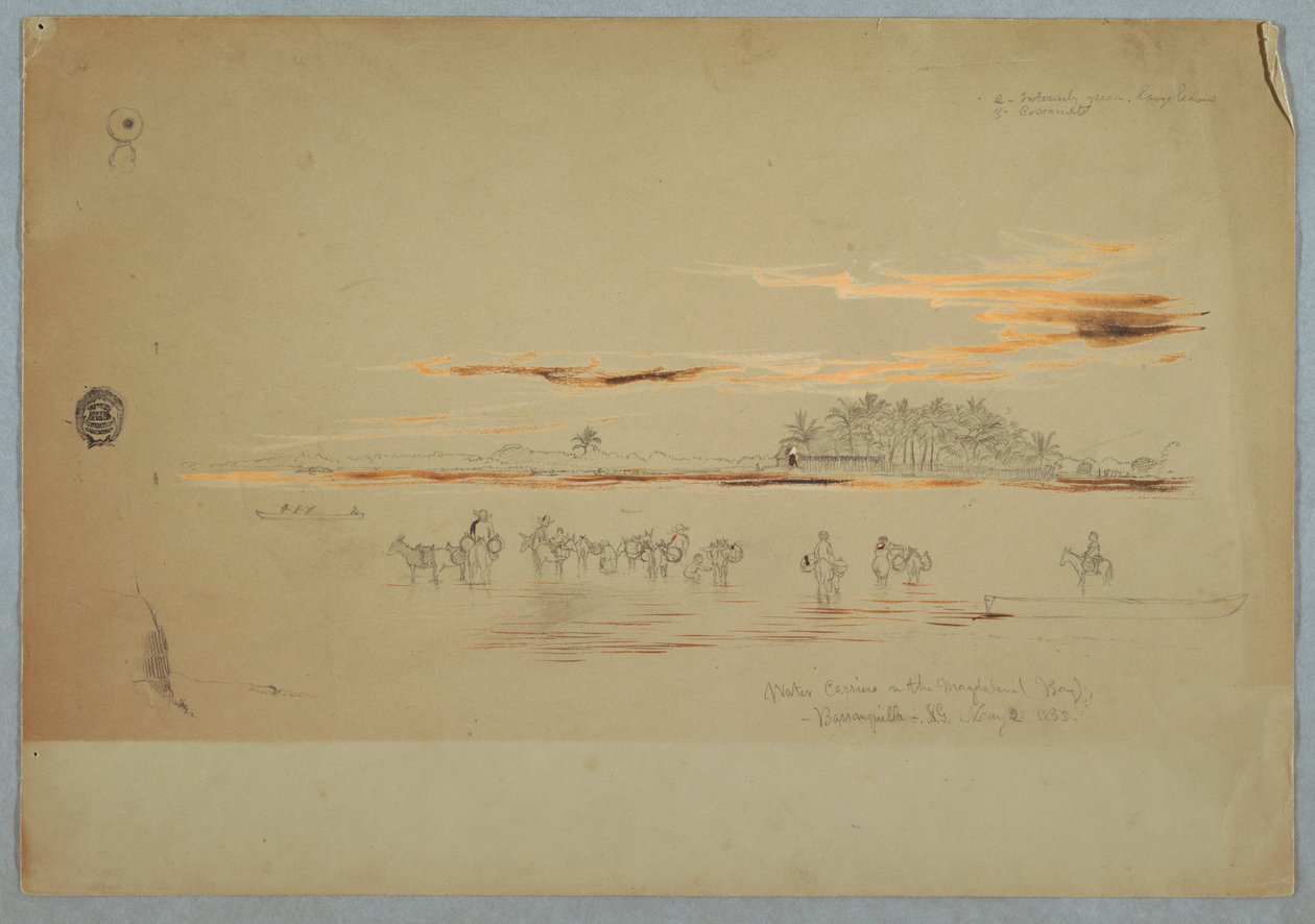 Rysunek, przewoźnicy wodni na zatoce Magdalena, Barranquilla, Republika Nueva Grenada, obecnie Kolumbia, 2 maja 1853 r. autorstwa Frederic Edwin Church